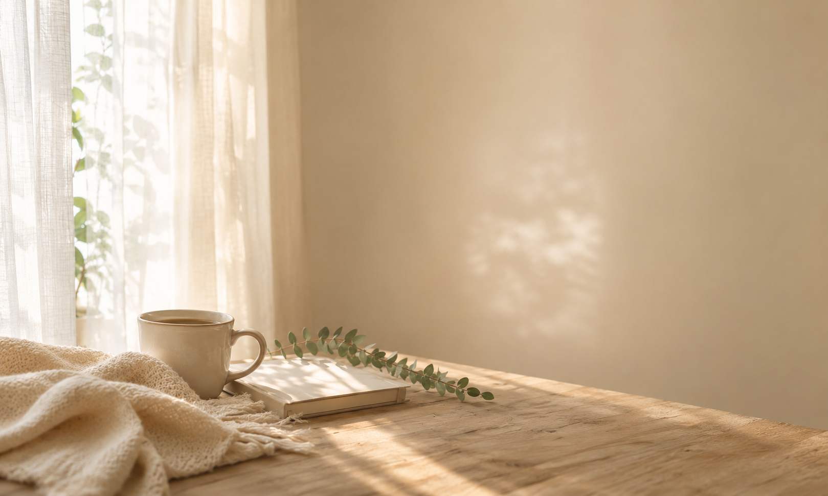 Taza, libro y rama de eucalipto iluminados por luz natural.