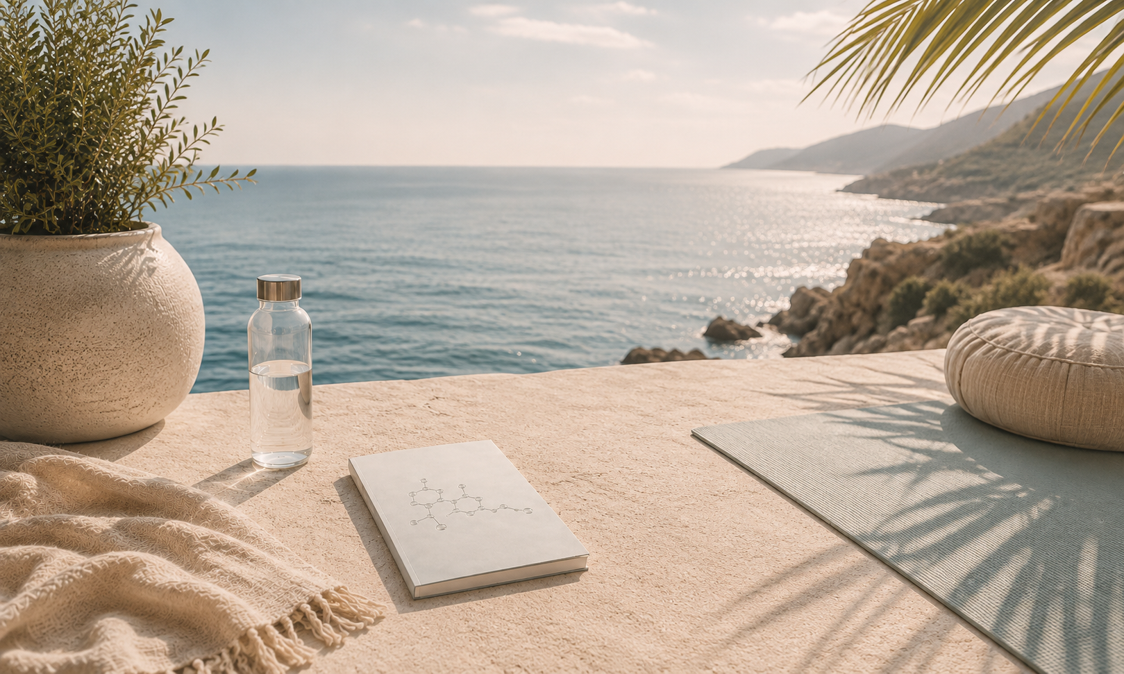 Libreta con la molécula de CBD, botella de agua y vista al mar en un espacio sereno.