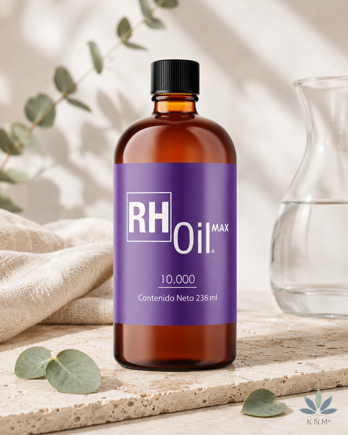 Botella RH Oil MAX 10,000 mg de 236 ml sobre superficie clara.